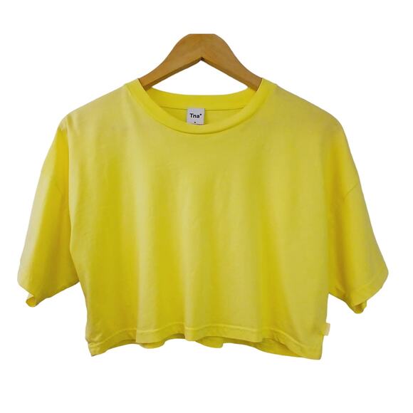 TNA SZ M Bright Yellow Cropped Tee Oversized Boxy 100% Cotton - Picture 2 of 5